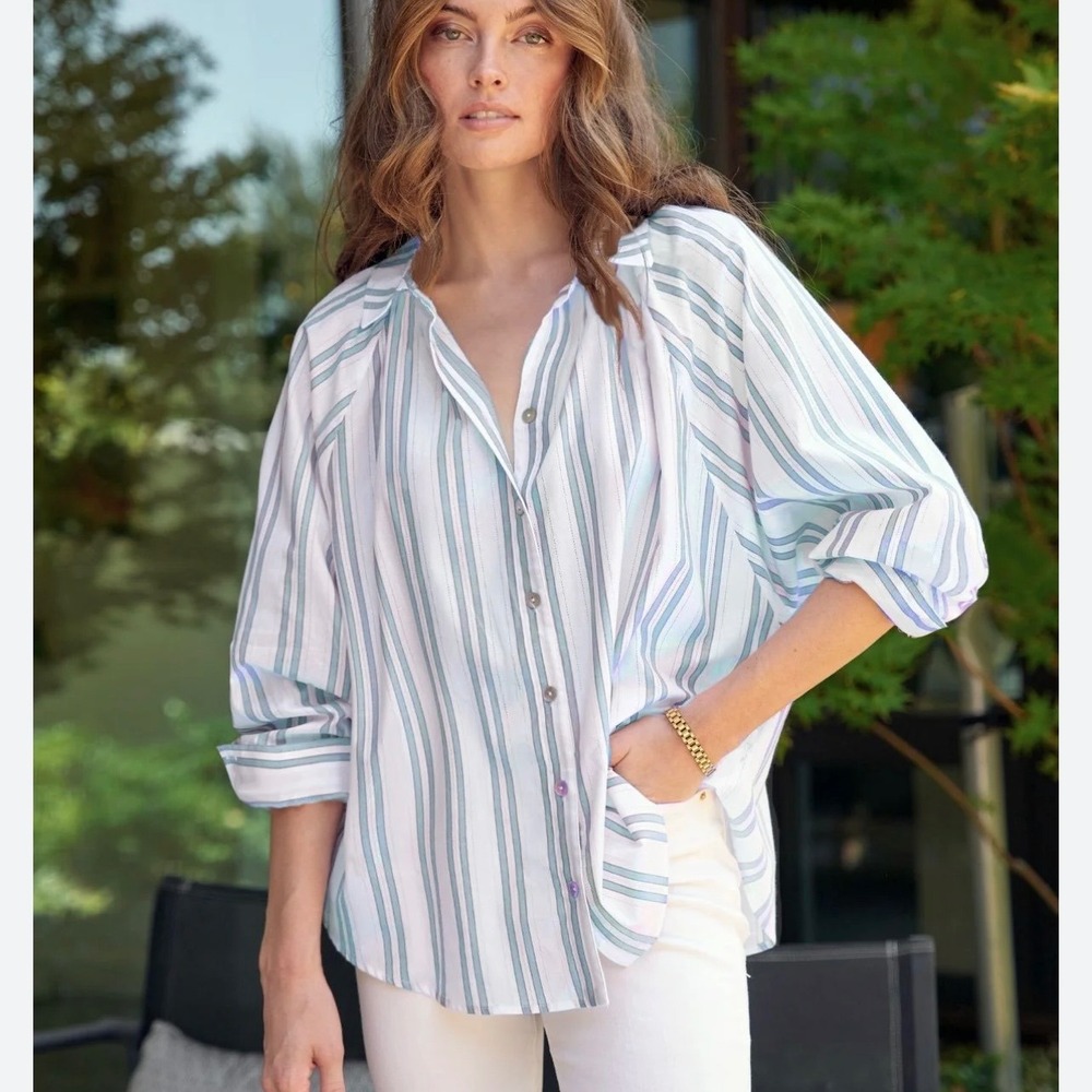NWT Finley Dylan Drop Needle Blue Stripe Cotton Button Shirt SZ S Coastal
